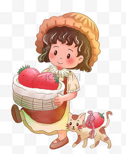 草莓图片_女孩与猫摘草莓