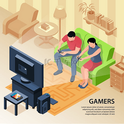 等距视频游戏背景与文本和家庭组