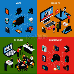 相机广告设计图片_照片视频等距设计概念与专业电视