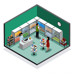 现代药房药店内部与顾客一起展示
