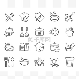 厨房用具线稿图片_烹饪行图标。煮沸时间,煎锅和厨