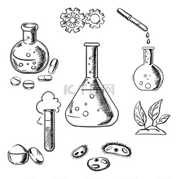 化学和植物图片_在锥形烧瓶上方用带齿轮的蒸汽云