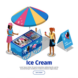 等距投影的冰淇淋手推车矢量插图
