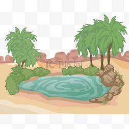 蓝色卡通背景风景图片_沙漠绿洲卡通池塘树木