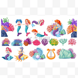 卡通手绘珊瑚图片_一套可爱的美人鱼和珊瑚卡通人物