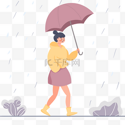 穿着靴子的女孩雨中打伞插画