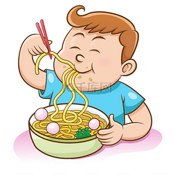 儿童男孩吃面条用筷子. 卡通
