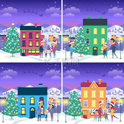 树房子卡通图片_圣诞图片集与幸福的家庭附近的形