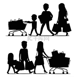 孩子在商店图片_购物与包在白色的家庭剪影。