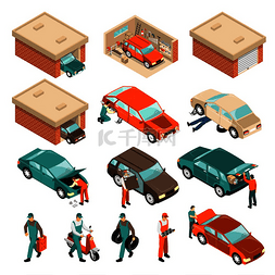 运输车插画风图片_等距设置与车辆在砖砌车库，汽车