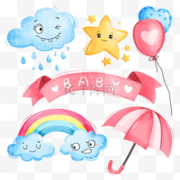 水彩气球装饰图案图片_雨季天空云朵彩虹水彩画