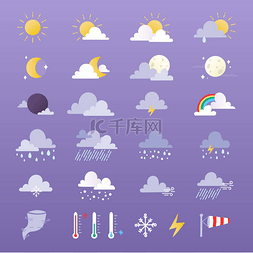 天气图标太阳图片_设置天气图标矢量插图。太阳, 云,