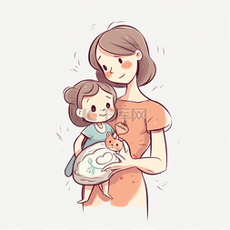 手绘母亲节妈妈抱女儿