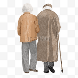 爱老图片_水彩互相搀扶的老年夫妻背影