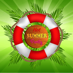 夏季促销海报图片_带有条纹救生圈和棕榈叶的炎热夏