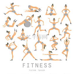 肌肉矢量图片_矢量瑜伽设置妇女素描体式女孩锻