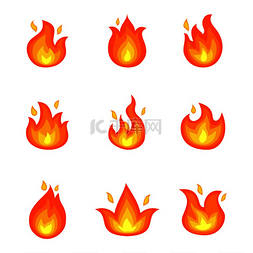 燃烧的壁炉图片_燃烧的火焰图标集与热橙色火焰隔