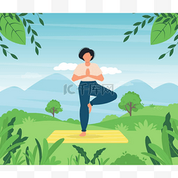 瑜伽手绘图片_瑜伽冥想的女人在绿色的草地上。