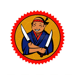 和服居酒屋图片_日本厨师穿着和服，拿着两把刀。