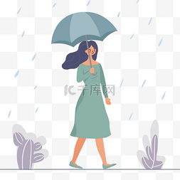 雨中的图片_穿着蓝色裙子的女人雨中打伞插画