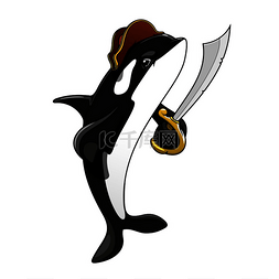 鲸鱼吉祥物设计图片_卡通海盗虎鲸角色尾巴上立着剑准