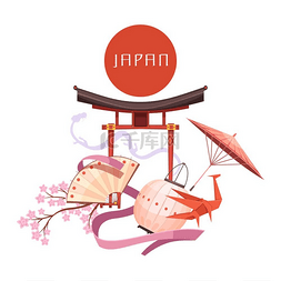文化旅游图片_日本文化元素复古卡通插图。