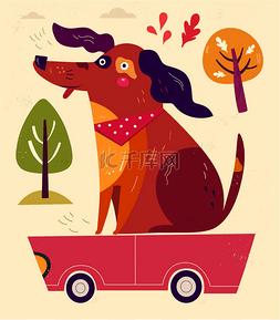 手绘卡通树木矢量图片_有趣的狗坐在车上