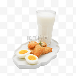 营养早餐鳕鱼饼和牛奶鸡蛋