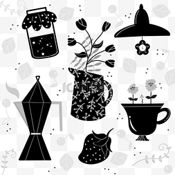 黑白瑰玫图片_可爱茶杯水壶咖啡壶黑白涂鸦