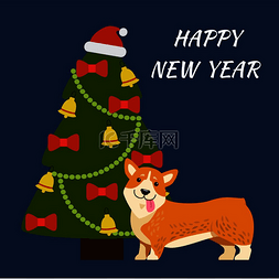 带铃铛狗图片_新年快乐横幅代表树装饰着圣诞老