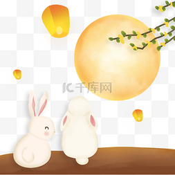 彩色中秋节图片_月光下的可爱中秋节满月兔子