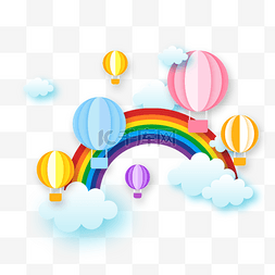 云朵彩虹旁的剪纸热气球