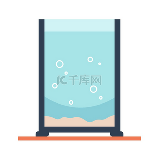 卡通水箱桌子上的空水族馆里有气泡和沙子方形透明鱼缸用于水上游泳