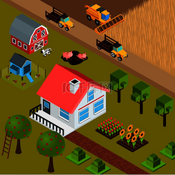 动物与房子图片_彩色等距背景与农舍家畜树木机械