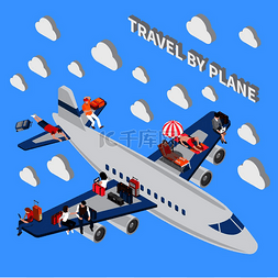 带人飞机图片_带着行李乘飞机旅行的人等距微型