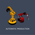 自动生产抽象工厂插图，在灰色背景矢量横幅上隔离，黄色和红色智能机器人在汽车生产中使用。