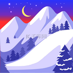 白雪皑皑的高山和月亮与蓝天上明