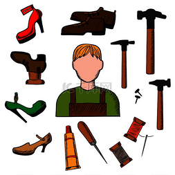 钉子和锤子图片_鞋匠职业概念与鞋匠的图标有锥子