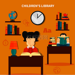 儿童教科书图片_儿童图书馆与男孩和女孩在阅读书
