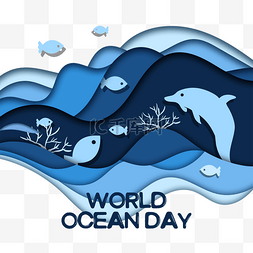 深蓝色世界海洋日剪纸海豚