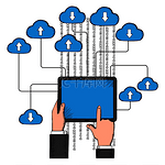 云存储和计算服务，一名男子将信息从云端上传和下载到平板电脑上。