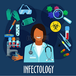细菌和放大镜图片_传染病学家的传染病医学标志，带