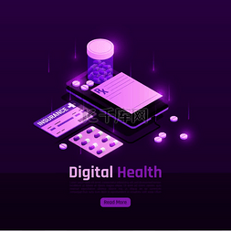 远程医疗数字健康发光等距正方形