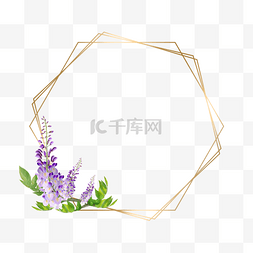 水彩紫藤花卉金色线条边框