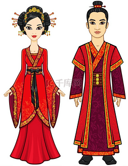 中国家庭图片_身穿传统服装的中国家庭动画的画