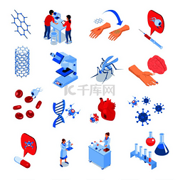 生物学实验图片_彩色等距研究实验室图标集，包含