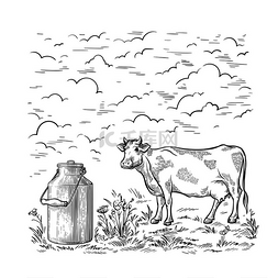 矢量奶牛卡通图片_健康早餐画素描玻璃奶瓶铁罐头杯