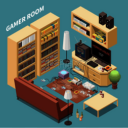 玩电脑的人图片_游戏玩家的等距构图客厅的室内视