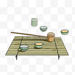 卡通竹图片_竹垫上的小茶碗日本茶壶和杯子