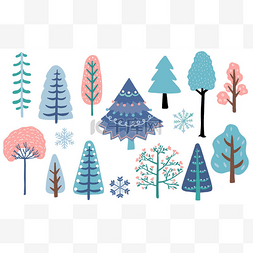 冬季树设置与蓝色，棕色，粉红色